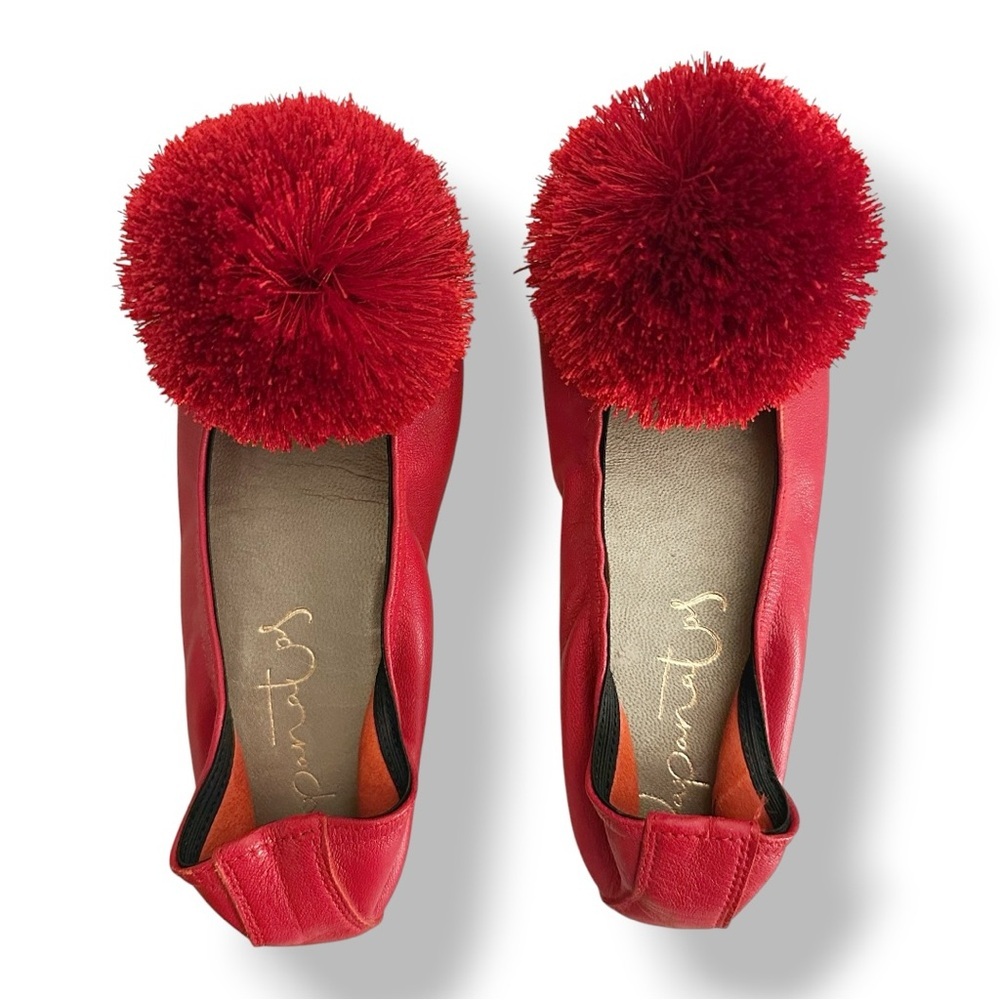 Papanatas by Eli | Red Leather Pom Pom Slip-On Ballet Flats (12T)